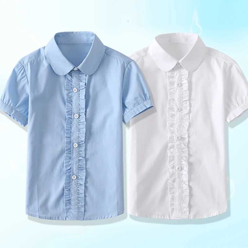 Summer Kids Blue Shirts for Girls School Uniform White Blouses Short Sleeve Preppy Cotton Children Clothing Dresses 6 8 10 14 Y X250806