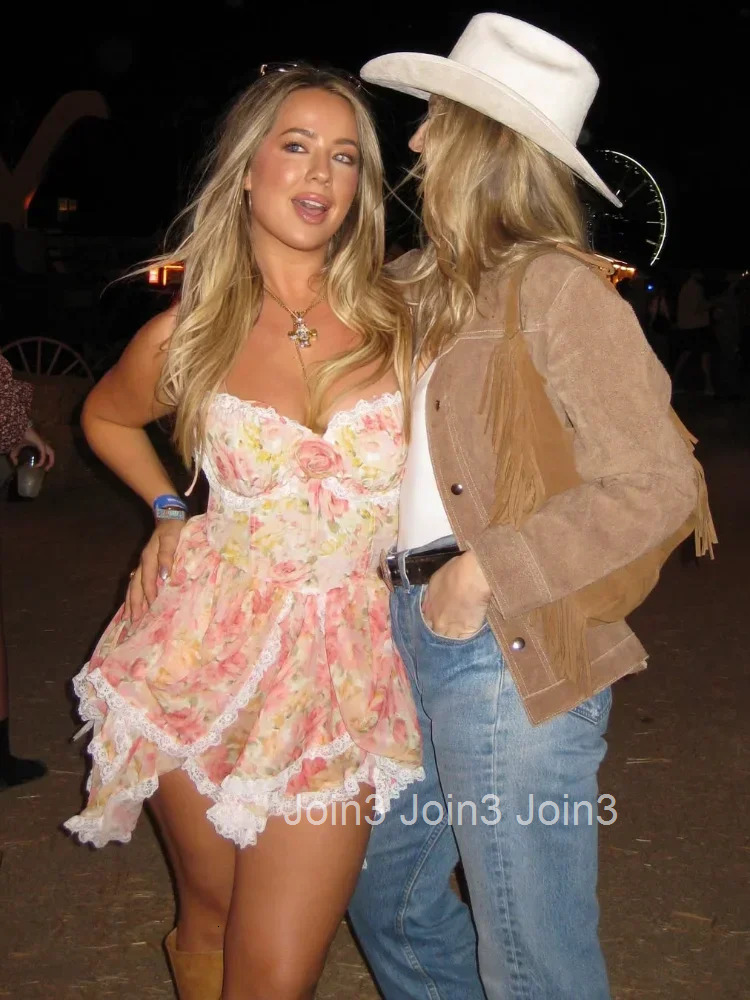 Floral Printd Lace Patchwork Sling Mini Dress Womens Elegant Backless Sleeveless A Line Vestidos Chic Lady Holiday Street Wear