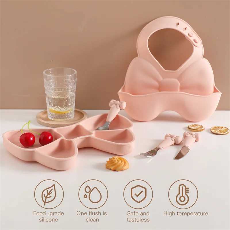 Baby Tableware Set BPA Free Silicone Bow Dish Tie Bowl Fork Food Plate Stainless Spoon Non-slip Tableware Newborn Feeding Tool X250806
