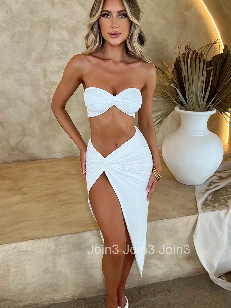 Articat Sexy Strapless Hollow Out Women Dress White Sleeveless High Slit Dress Female Autumn Skinny Elegant Party Clubwear