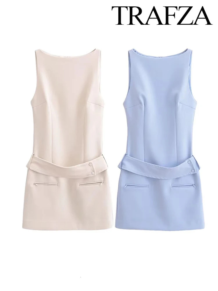 TRAF Womens Summer Solid Colour Sleeveless Round Neck Mini Dress Elegant Belt Decoration Zipper Casual Womens Short Dresses