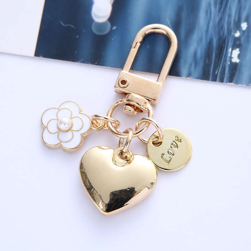 DHpet_wholesale Adorable Alloy Heart Keychain - Pearl & Camellia Flower Charm with Letter Pendant, Cute Bag Accessory for Women (8cm, 12g)