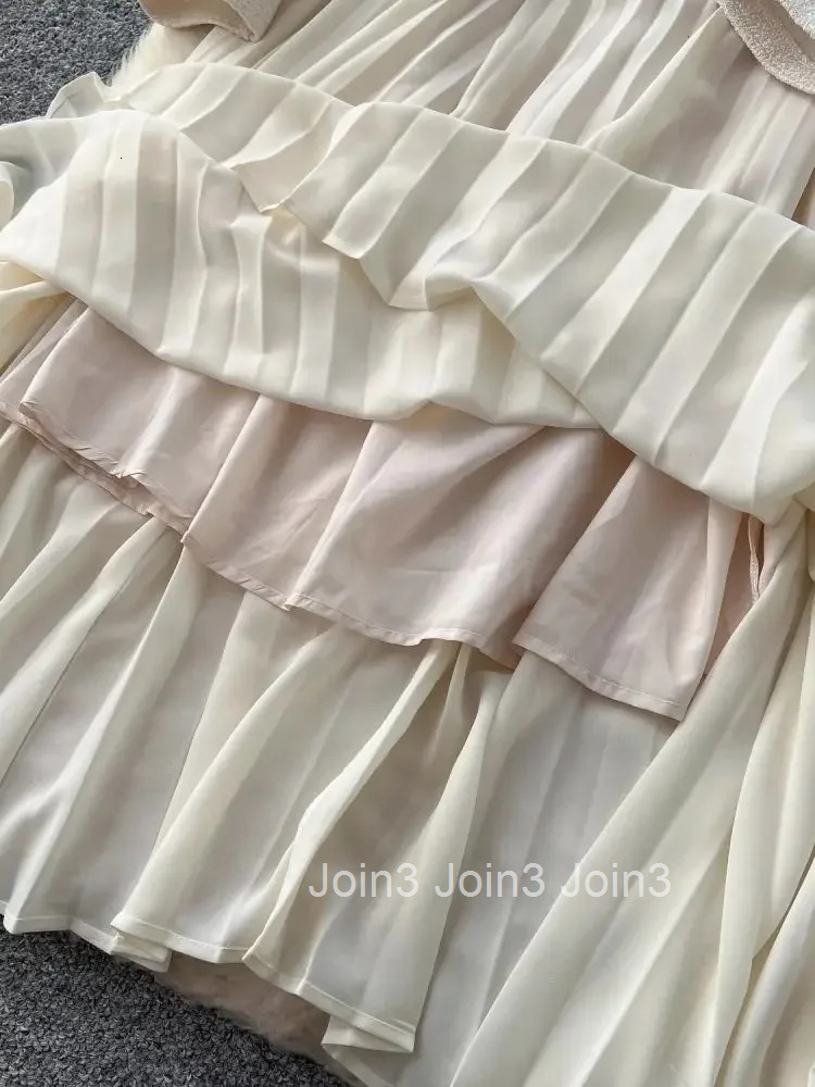 New Autumn Winter Tweed Patchwork Chiffon Long Dresses Womens Square Collar Diamonds Buttons Belt Vintage Pleated Robe Vestidos