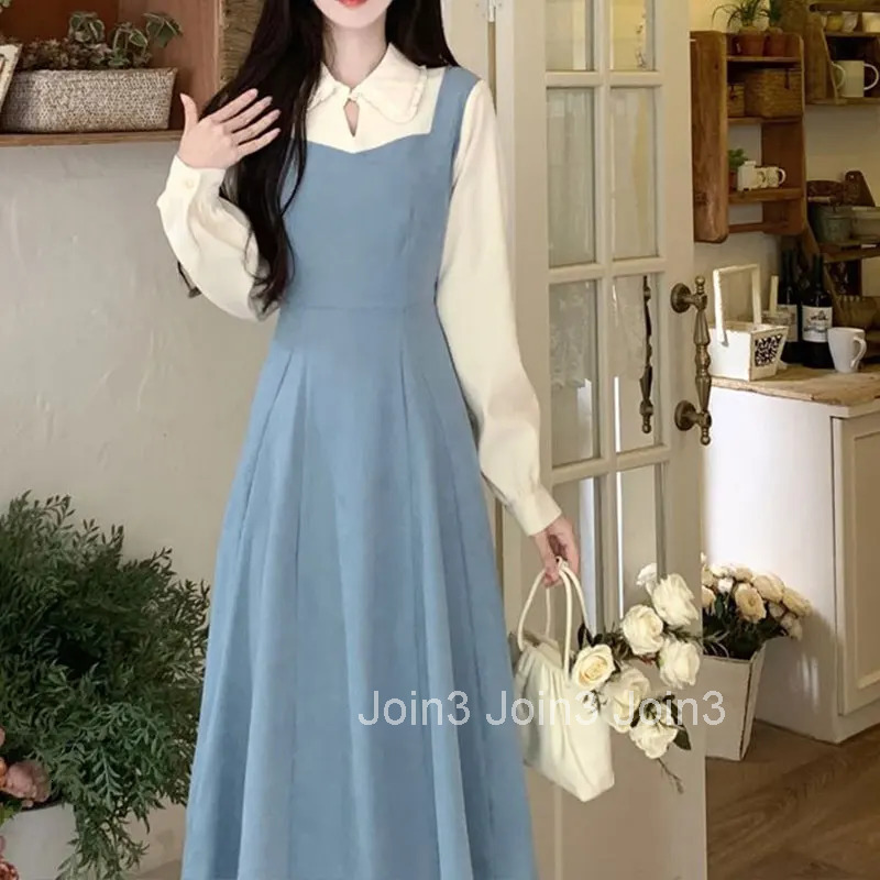 Solid Patchwork Square Neck Long Sleeve Fake Two Pieces Dresses Elegant Fashion Harajuku Female Clothes Casual All Match Skirt