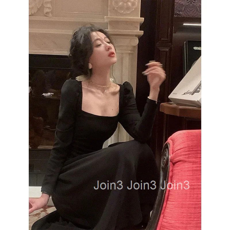 Elegant Unique White French Style Womens Dress Square Collar Long Skirt Fashionable Autumn New Arrival High-End Sensation