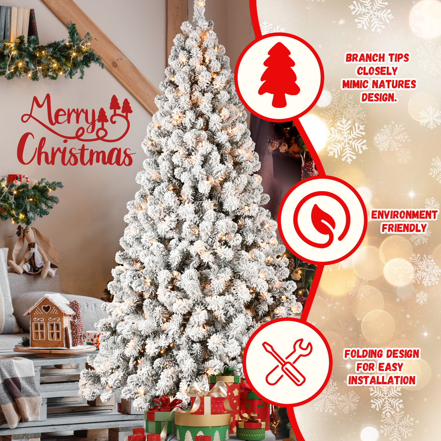 Prelit PVC Flocked Christmas Tree with Warm White Lights, Memory Wire, Foldable Base, for Holiday Decorations 2025