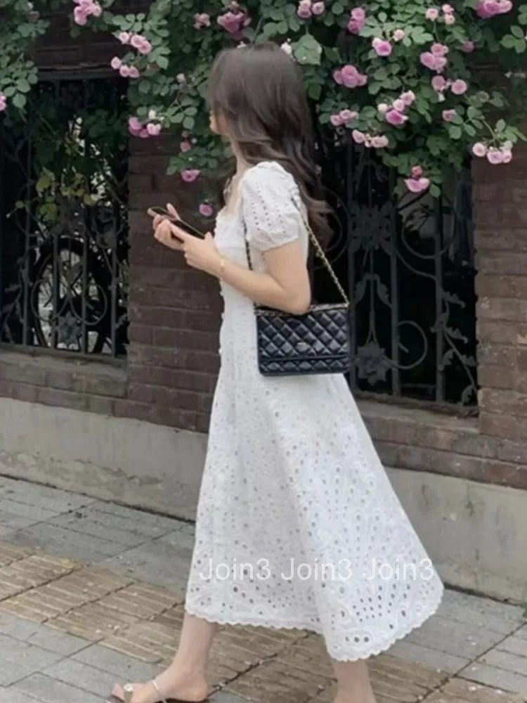 Elegant Square Collar Puff Sleeve White Midi Dress Summer Hollow Out For Women French Kawaii Vestidos Korean Chic Dresses Mujer