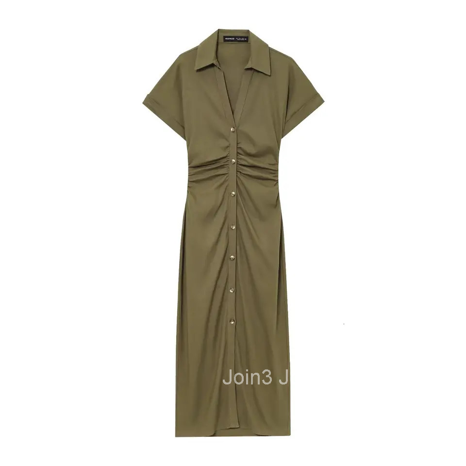 ETJ Spring/Summer New TRAF Womens elegant holiday style refreshing and comfortable short-sleeved V-neck MIDI dress