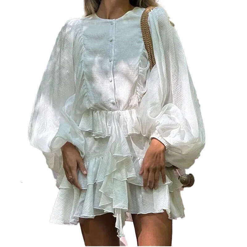 Spring Fashion New Casual Elegant Solid Color Ruffle Long Sleeve Dress B5