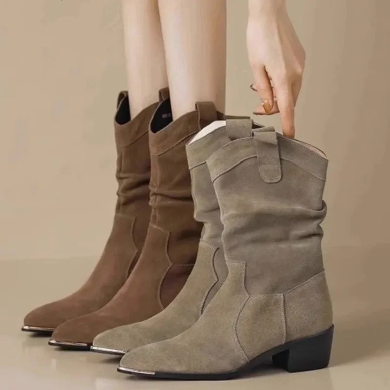 Autumn Winter Classic Chelsea Boots for Woman Suede Pointy Toe Wedge Heel Ankle Boots Simple Comfortable Cowboy Botas Female 250731
