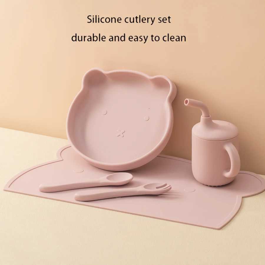 5Pcs Baby Silicone Non-Slip Feeding Suction Dishes Plate Spoon Waterproof Bib Sippy Cup Baby Placemat Childrens Tableware X250806