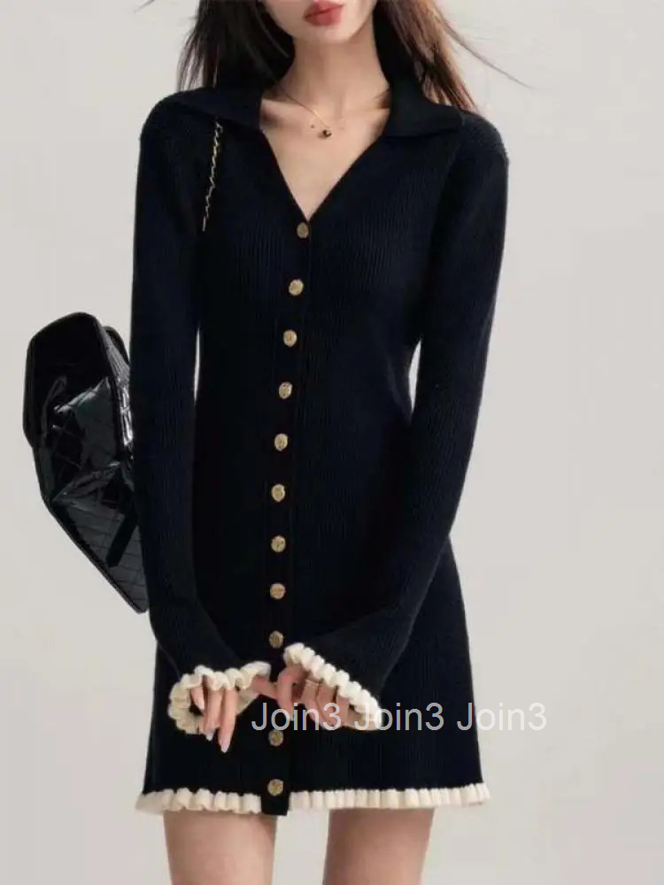 Spring Vintage Black Patchwork Elegant Office Knitted Short Dress Womens V-neck Slim Long Sleeve Single Breasted Mini Dress New