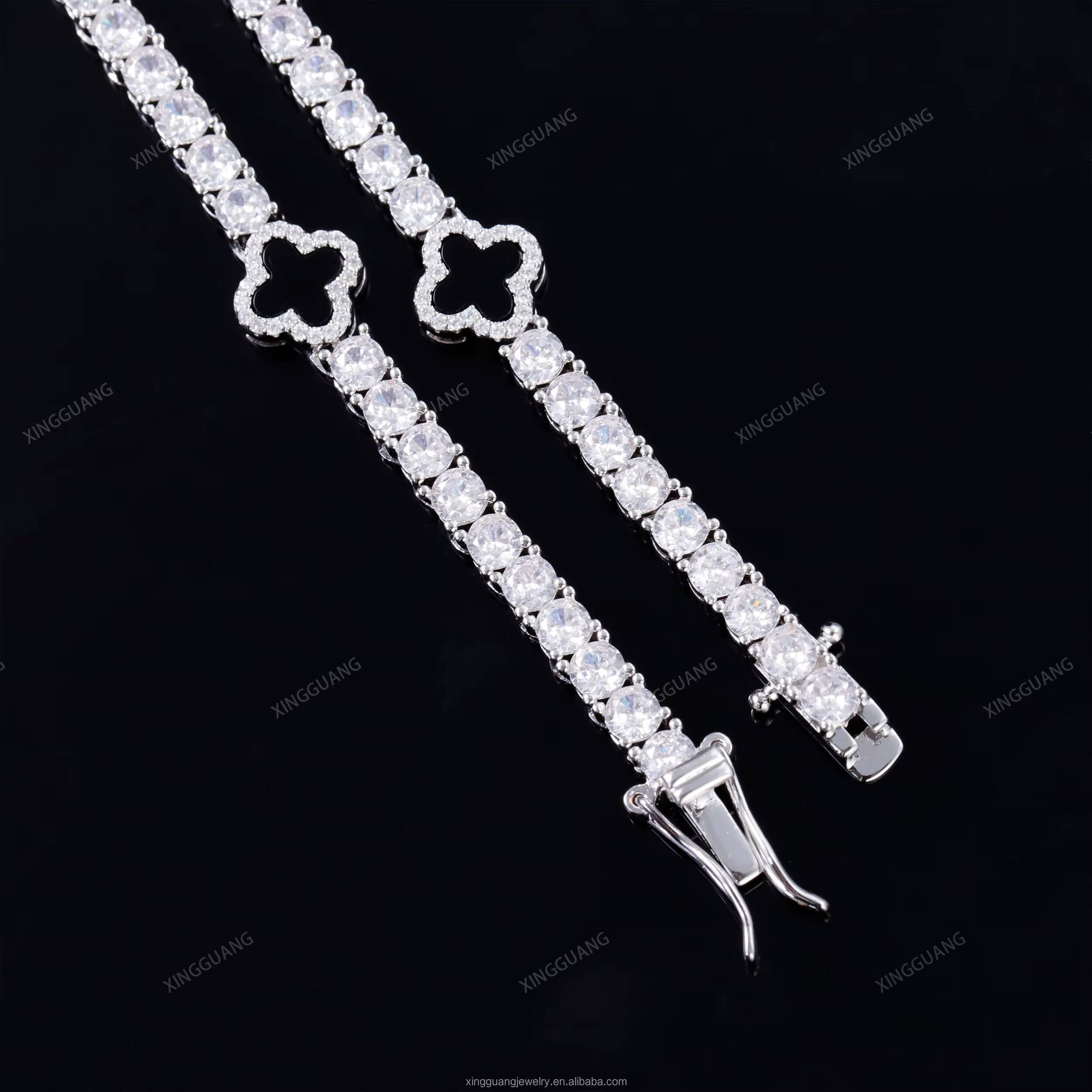 GRA Certificate Hip Hop 925 Sterling Silver Natural Agate VVS1 Moissanite Diamond Clover Bracelet Tennis Chain