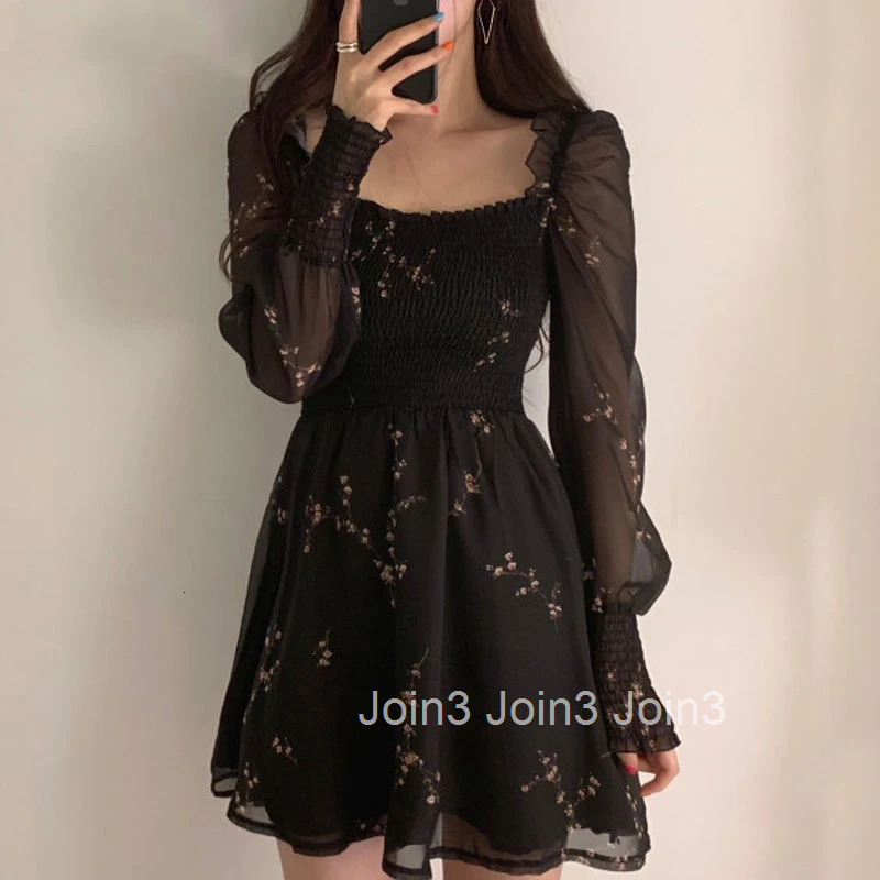 Women Sexy Black Chiffon Dress Spring Vintage Flower Long Puff Sleeve Dresses Korean Casual Mini Vestidos Elegant Clothes 13676