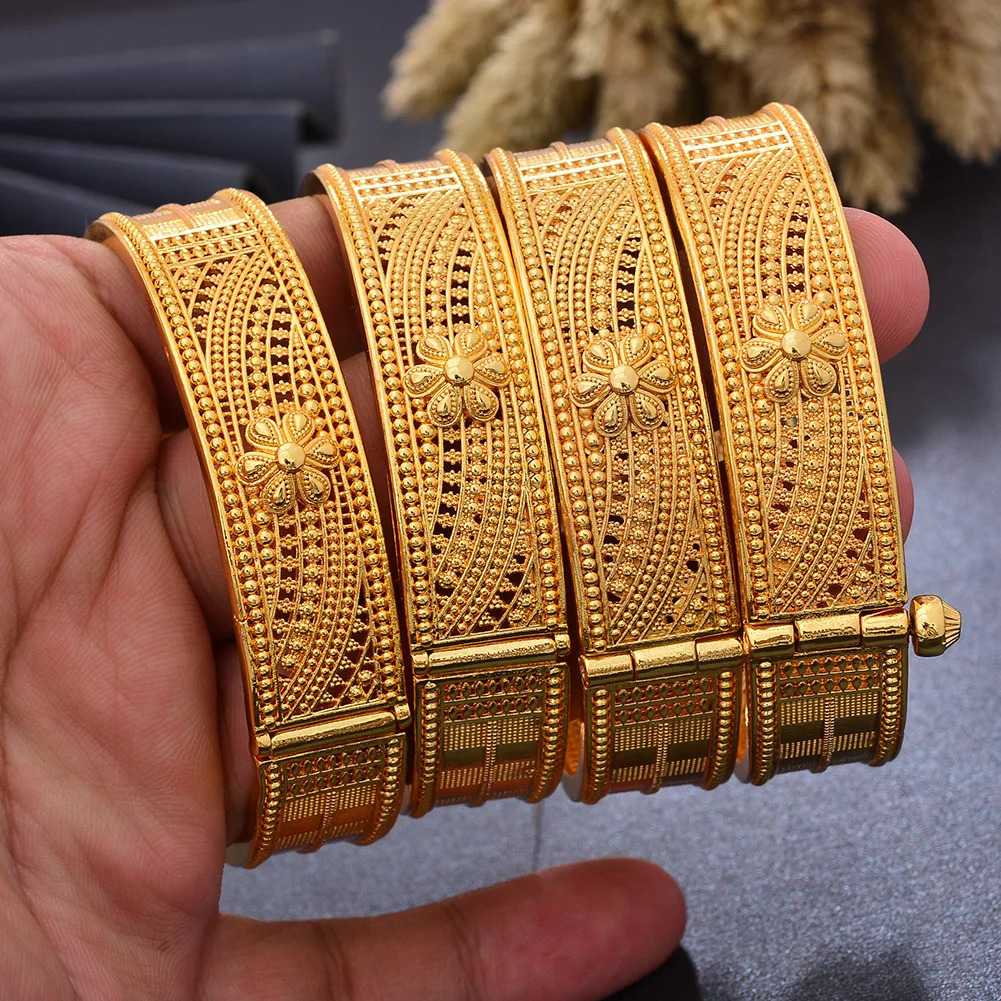 4Pcs/set Big Ethiopia 24k Dubai Gold Color Bangles For Women African Party Wedding Flower Gifts Bangles Bracelets Jewelry Gifts 250805