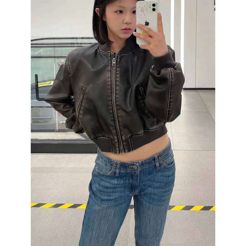 hoodie Women's new vintage imitation leather bomber jacket coat top women's style jacket