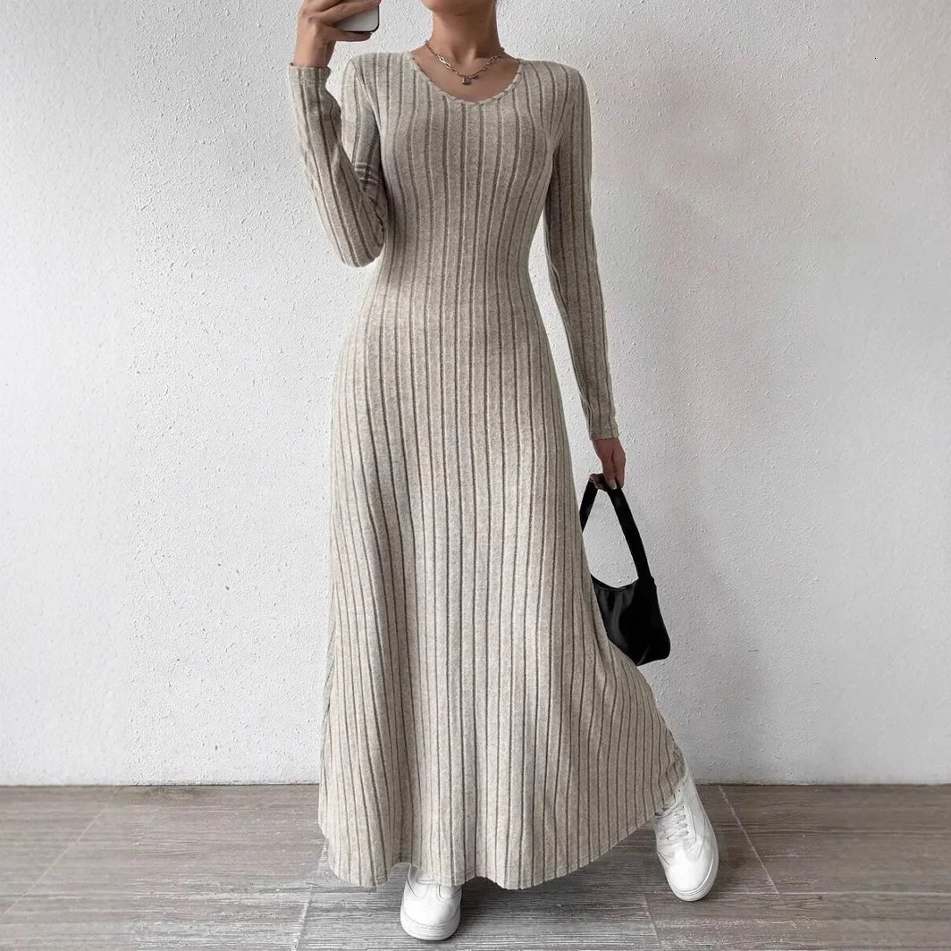 Fashionable Knitted Long Sleeve A- Line Streetwear Dress For Women Smooths And Slims Your Silhouette Solid Color Long Dress 250806