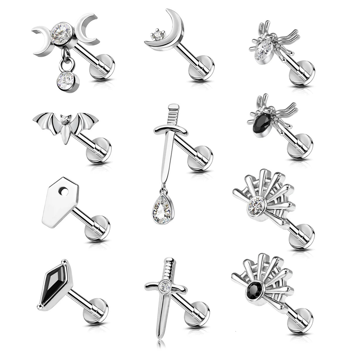 1pc Stainless Steel Rhinestone Lip Stud Crescent Pendant Cross Spider Fan Cartilage flat back Ear Stud Tragus Piercing Earrings 250805
