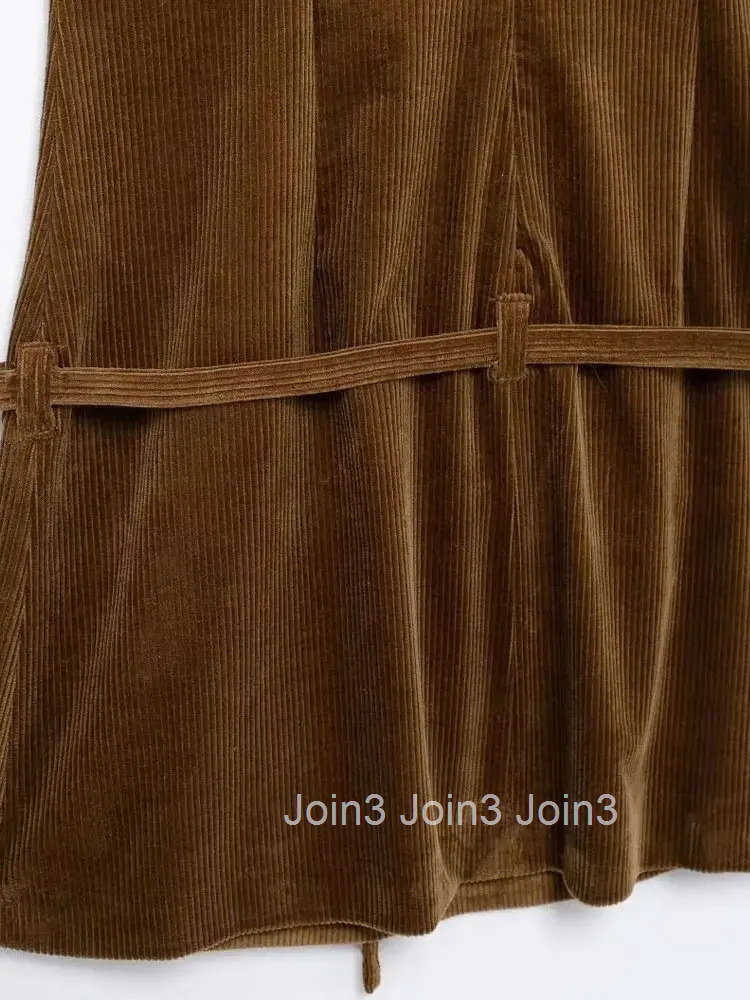 Womens Corduroy Mini Dress with Belt O Neck Sleeveless Back Zipper Female Dresses Fashion