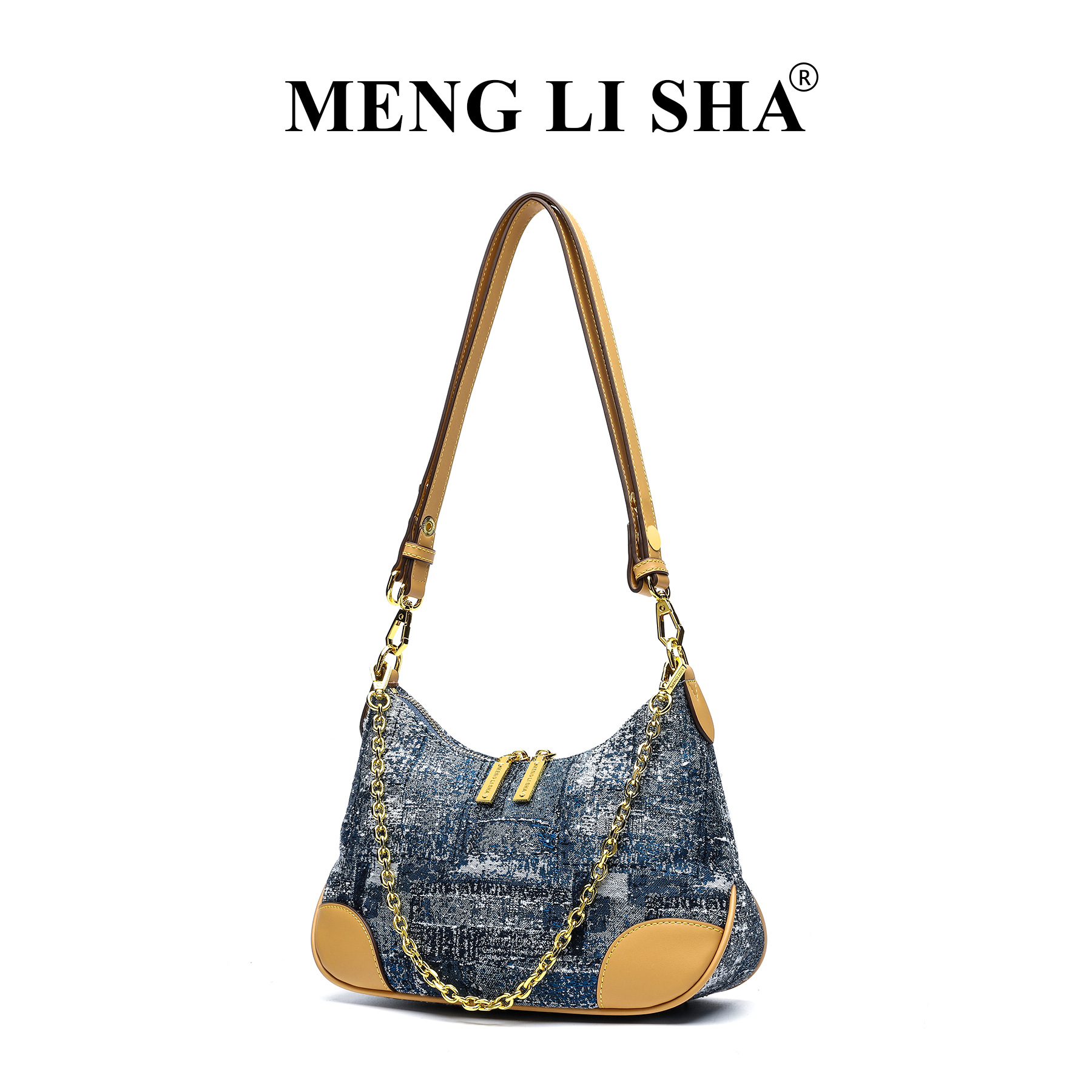 MENG LI SHA Women's 2025 New European and American Retro Denim Single - shoulder Underarm Ox - horn Bag Versatile Commuting - friendly Large - ca