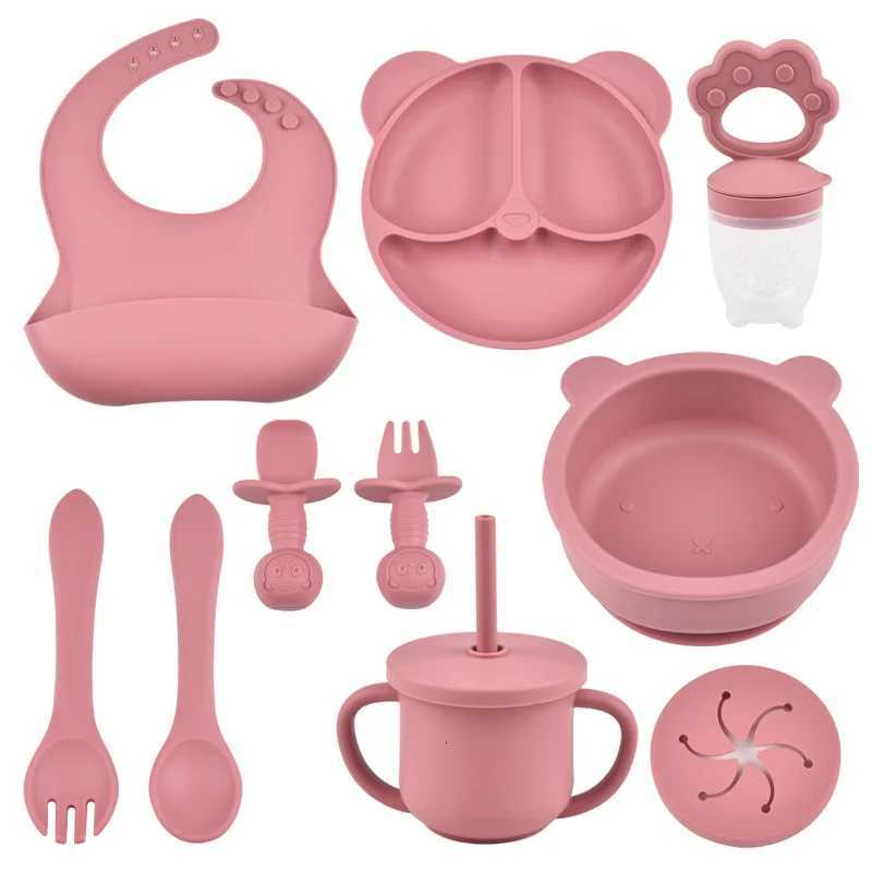 9PCS/Set BPA Free Silicone Baby Feeding Set Sucker Bowl Divided Dining Plate Straw Cup Spoon Fork Adjustable Bib Children Dish X250806