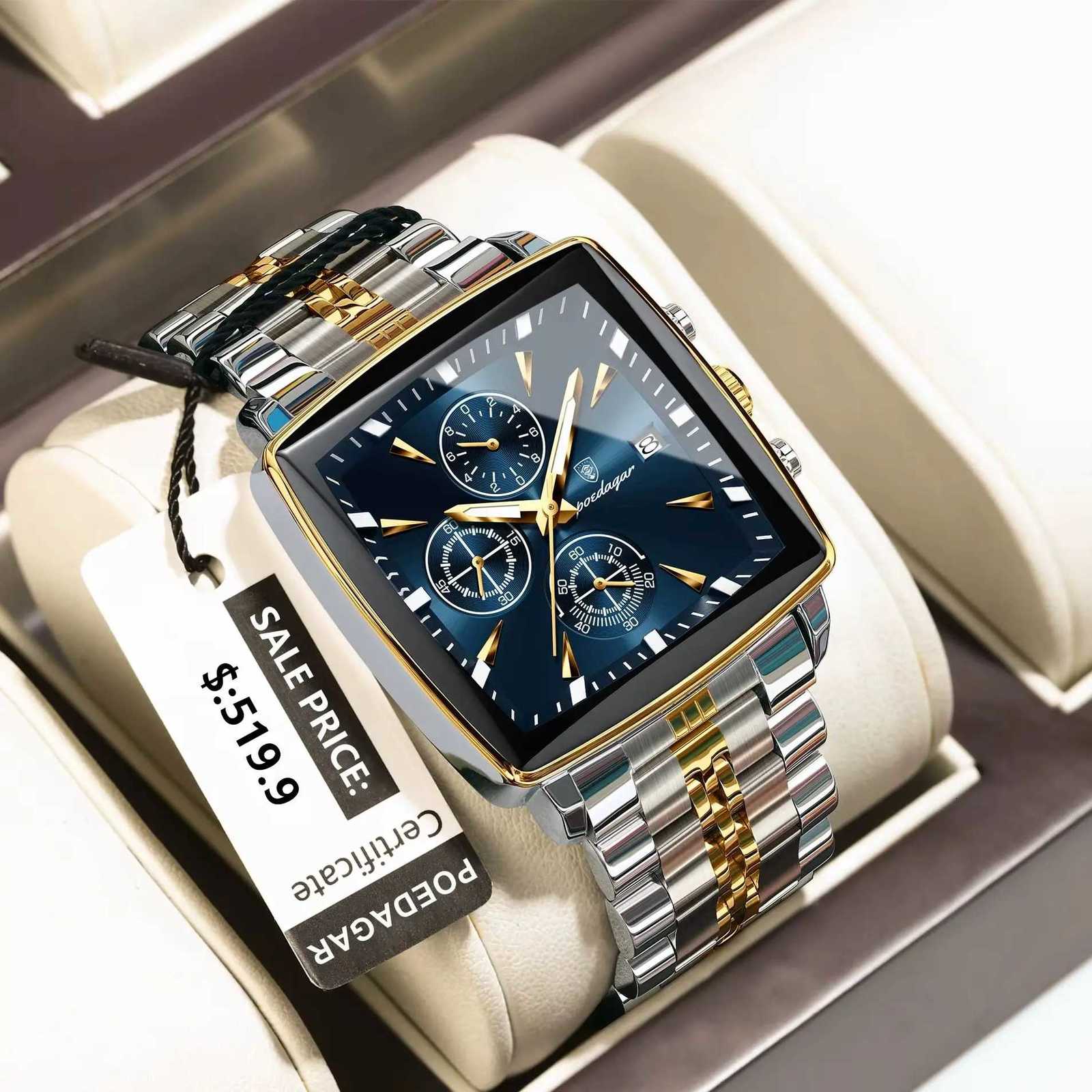 POEDAGAR Top Fashion Mens Luminous Waterproof Stainless Steel Mens Chronograph Date Military Quartz Mens Wristwatch W250806