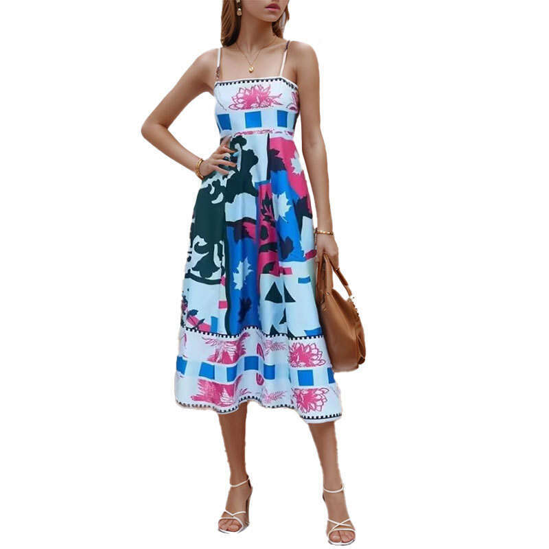 Spring Women's Fashion Strapless Printed Graffiti Sexy Flared Dress B5