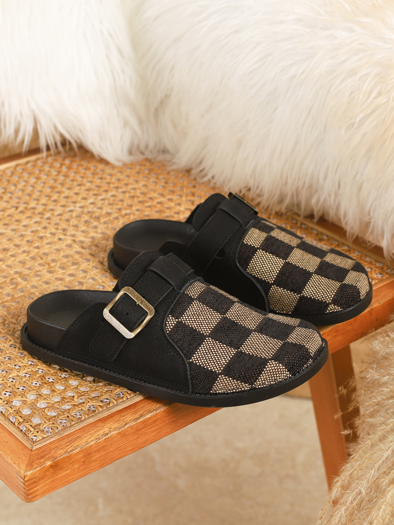 Slippers Women's Checkerboard Print Mules - Casual Buckle Strap Slip-On Shoes with Multiple Colors