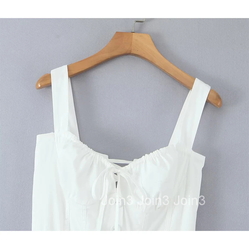 YENKYE Sexy Lace Up Bandage Back Elegant White Sling Dress Women Front Button A-line Cotton Corset Style Summer Dress Midi Robe