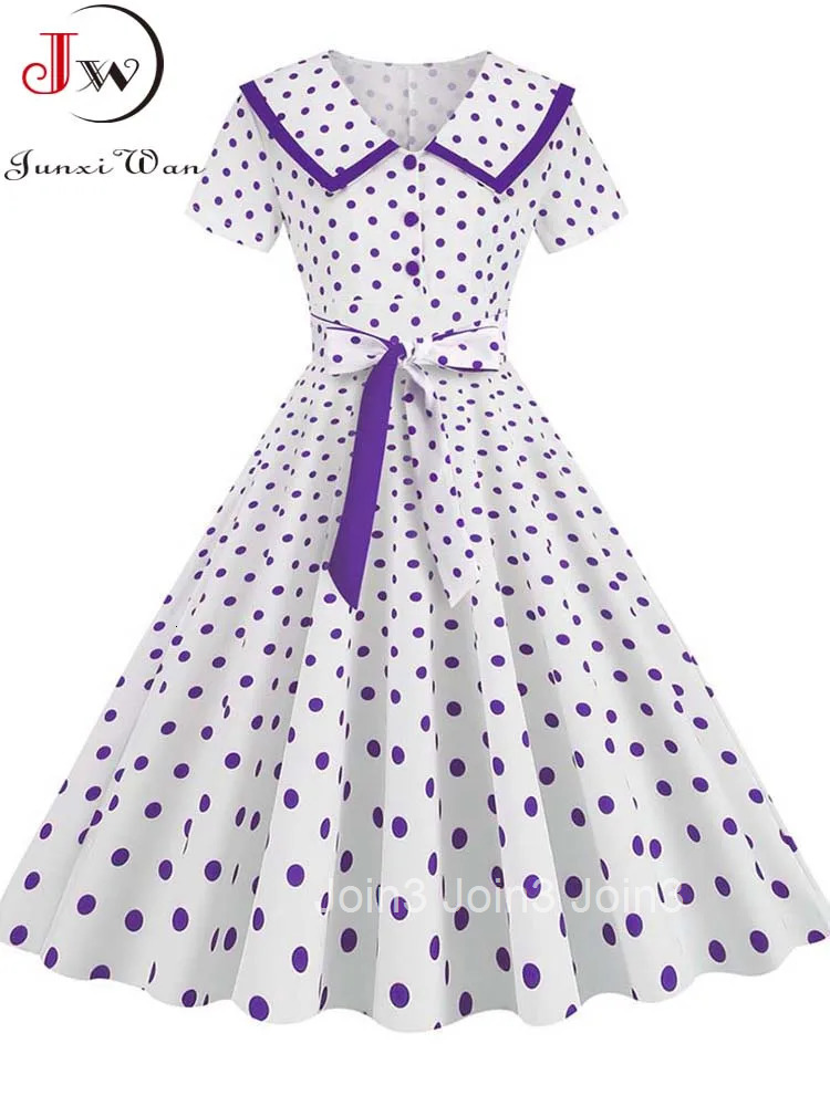 Womens Vintage Polka Dot Turn-Down Collar Midi Dress Summer 50s Style Elegant Button Detail Short Sleeve Party Gown