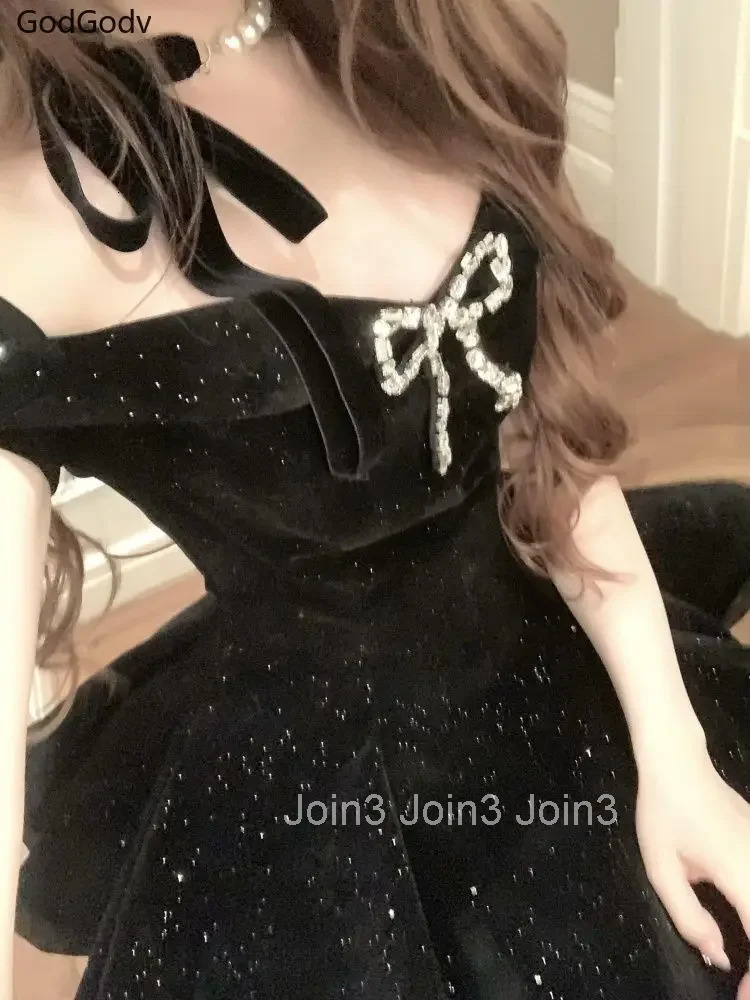 Black French Vintage Elegant Design Woman Dress Gothic Off Shoulder Retro Mini Dress Female Fairy Birthday Party Chic Outfits