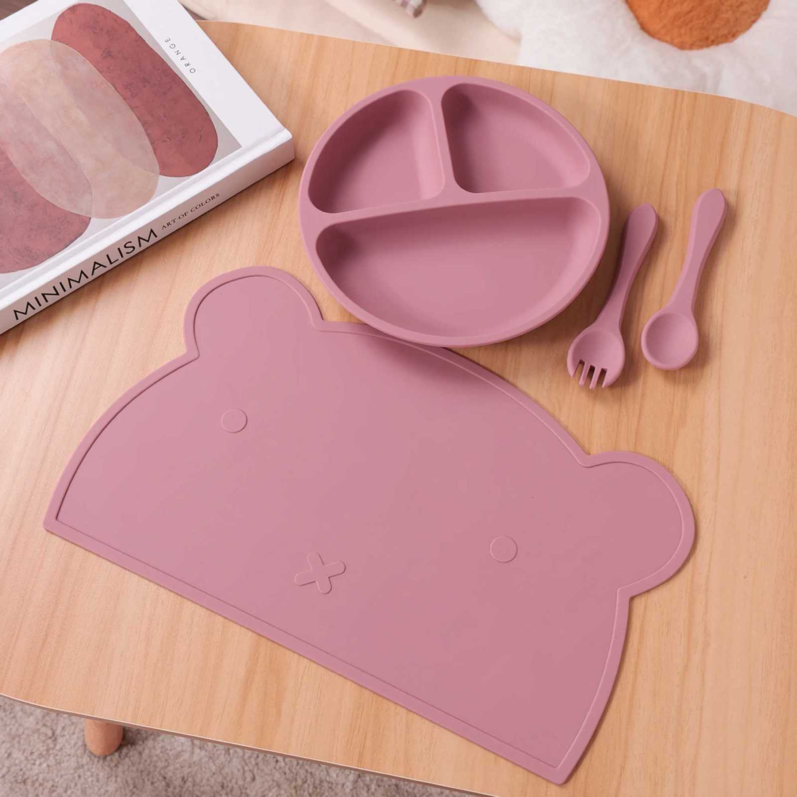Color Kids Silicone Sucker Dishes Plate Spoon Fork Set Dinner Set Feeding Placemat For Toddler Meals Tableware Babies Items X250806