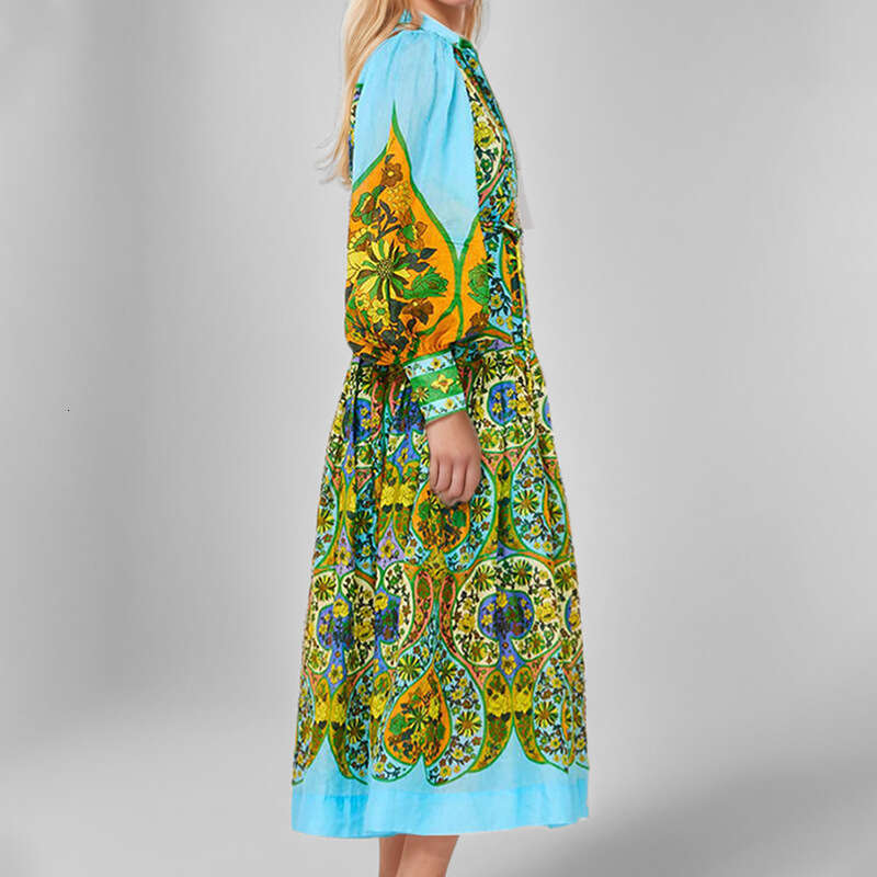 New Women's Clothing Pastoral Style Elegant Printed Lantern Sleeve V-Neck Flared Summer Dress For Women B5