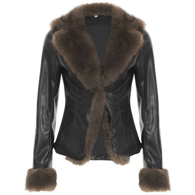 Faux Fur Patchwork Pu Leather Jacket Luxurious Furry Collar Warm Down Coats Winter Chic V-neck Cardigan Thick Outerwear
