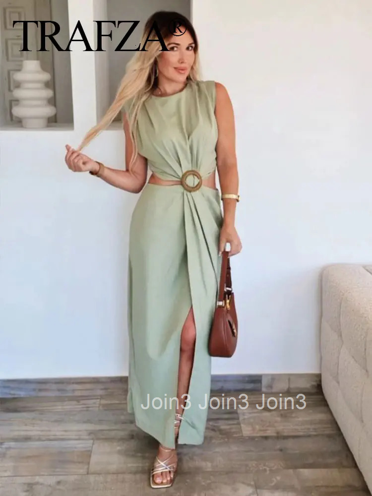 Women Waist Opening Design Dress Solid O Neck Sleeveless Split Dresses Slim Woman Elegant Evening Dress Vestidos Mujer