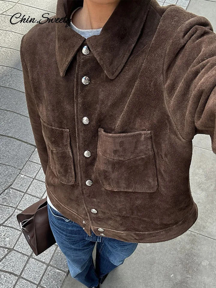 Fashion Womens Brown Jacket Brown Long Sleeve Turndown Collar Button Pocket Shoulder Pad Short Coat Spring Lady Vintage Outwear 250804