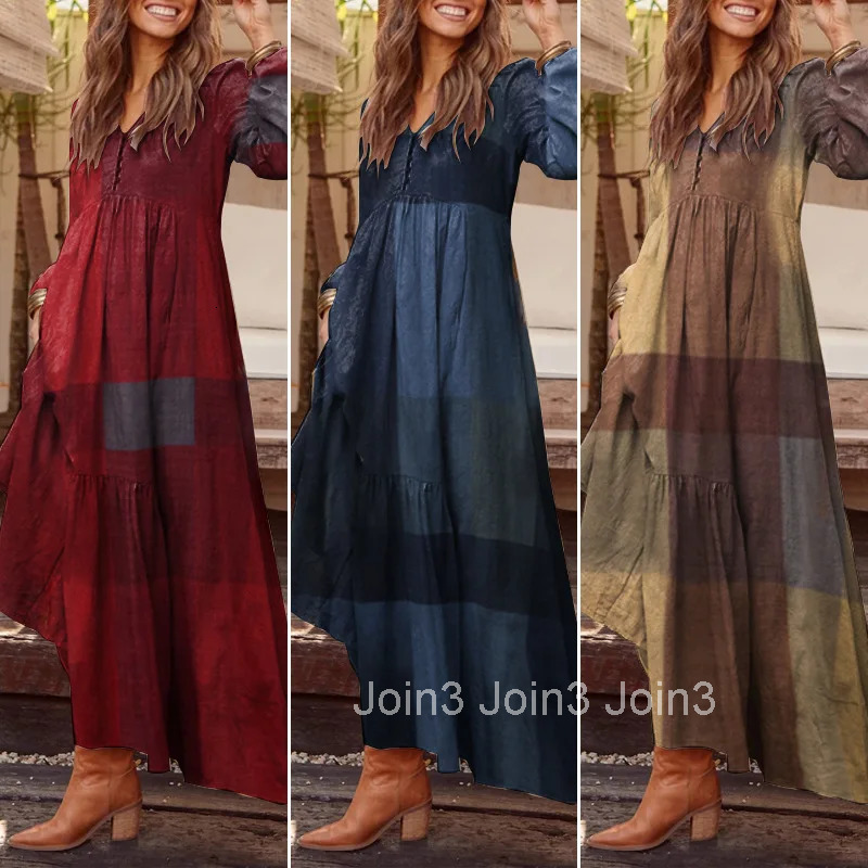 Elegant Losse Maxi Shirt Dress For Women Autumn Long Sleeve V Neck Vintage Plaid Print Long Dresses Ladies Dress Fashion Robe
