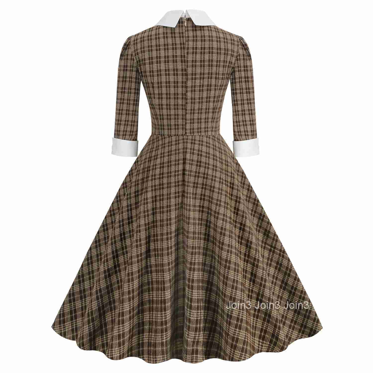 Women Vintage Plaid Dress With Bow Elegant Cocktail Party 1950s Swing Rockabilly Dress Audrey Hepburn Autumn Spring Dress