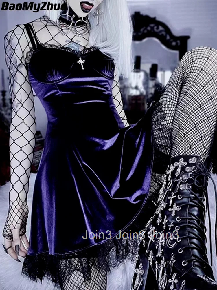 Velvet Gothic Sexy Black Mini Dress Women Vintage Spaghetti Strap High Waist Dresses Aesthetic Elegant Goth Party Club Dress