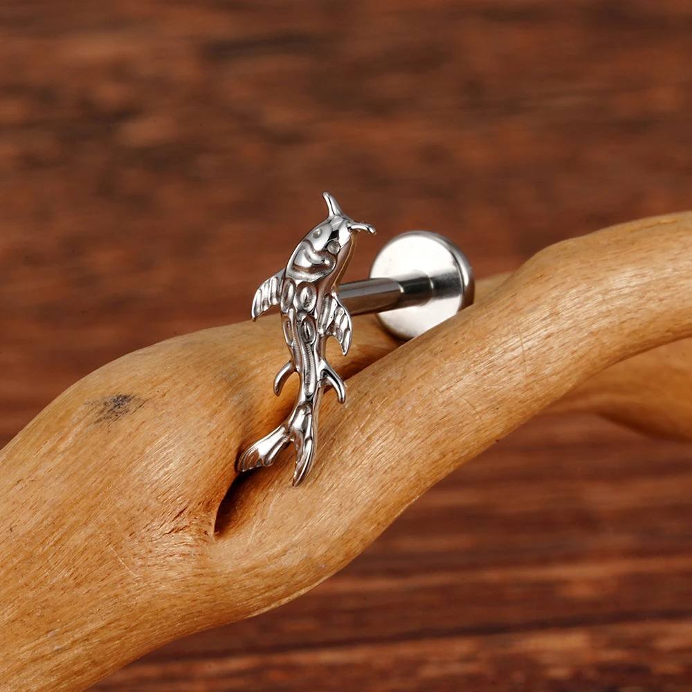 Right Grand ASTM 36 Koi Fish Cartilage Earring Tiny Tragus Stud Helix Conch Flatback Piercing 16G Animal Body Jewelry 250805