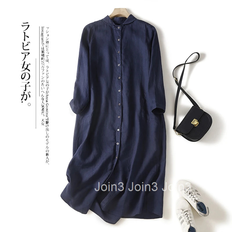 Women Long Dress Navy Blue Loose Casual Long Sleeve Cotton Linen Shirt Dress Autumn Oversize Elegant Office Lady T012