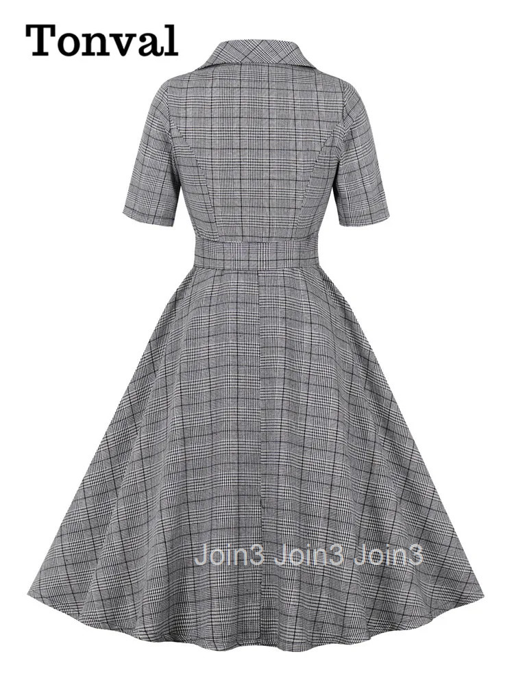 Tonval Turn Down Collar Button Up Half Sleeve Pocket Swing Dress Vintage Clothes for Women Spring Summer Plaid Dresses Elegant