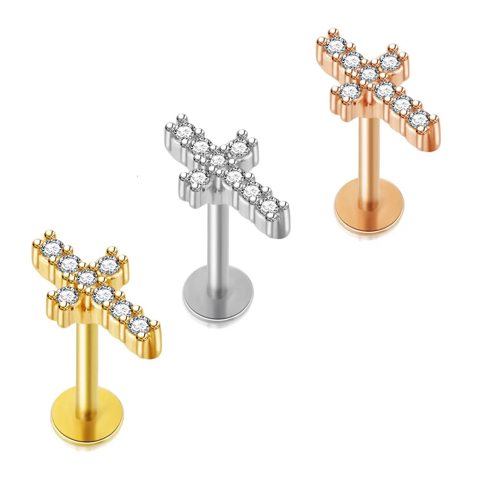 Crystal Flower Tragus Piercing Earring Flat 16G Cross Cartilage Piercing Stud Helix Jewelry Conch Rook Lobe Earring Labret Stud 250805