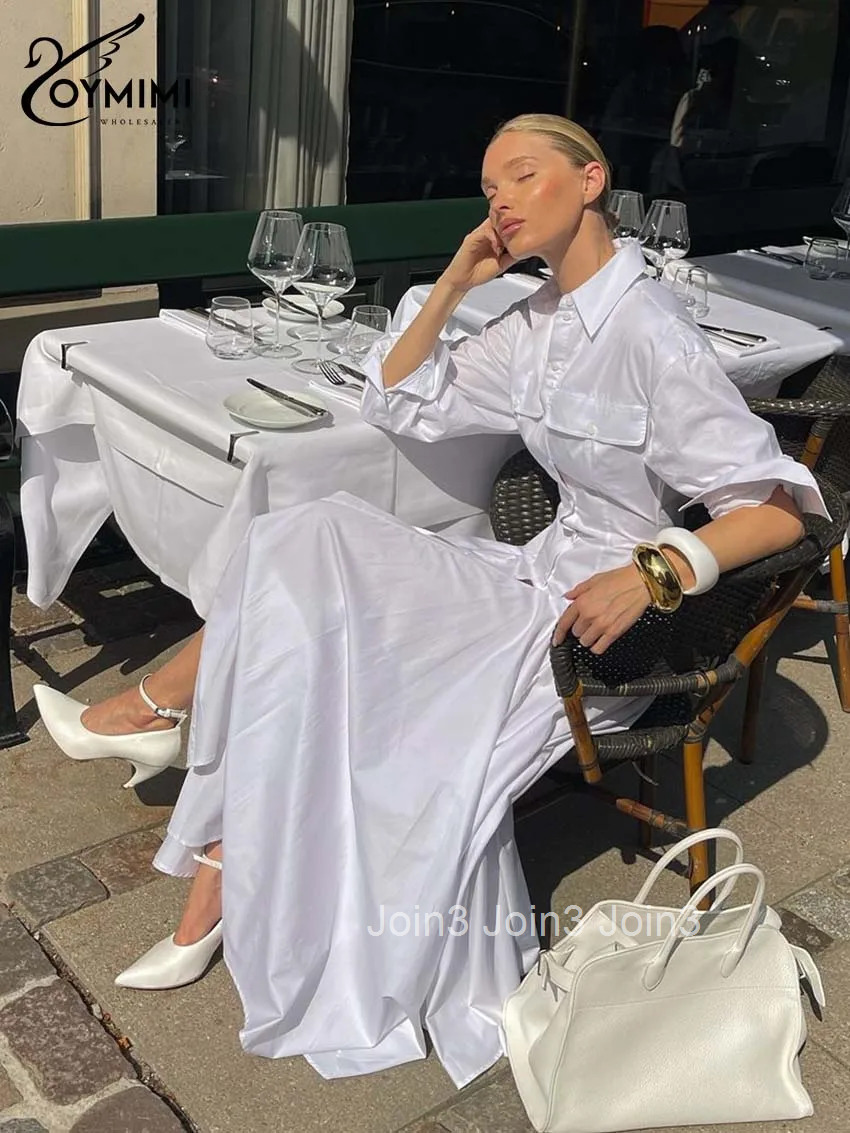 Elegant White Lapel Womens Dress Fashion Three Quarter Sleeve Pockets Dresses Casual Button Pleated Ankle-Length Dresses