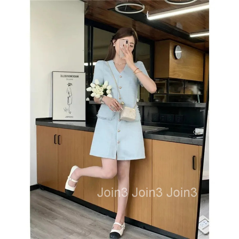 Womens Single Breasted Fragrant Chic Summer Temperament V-Neck Coarse Tweed Short Sleeved Dress