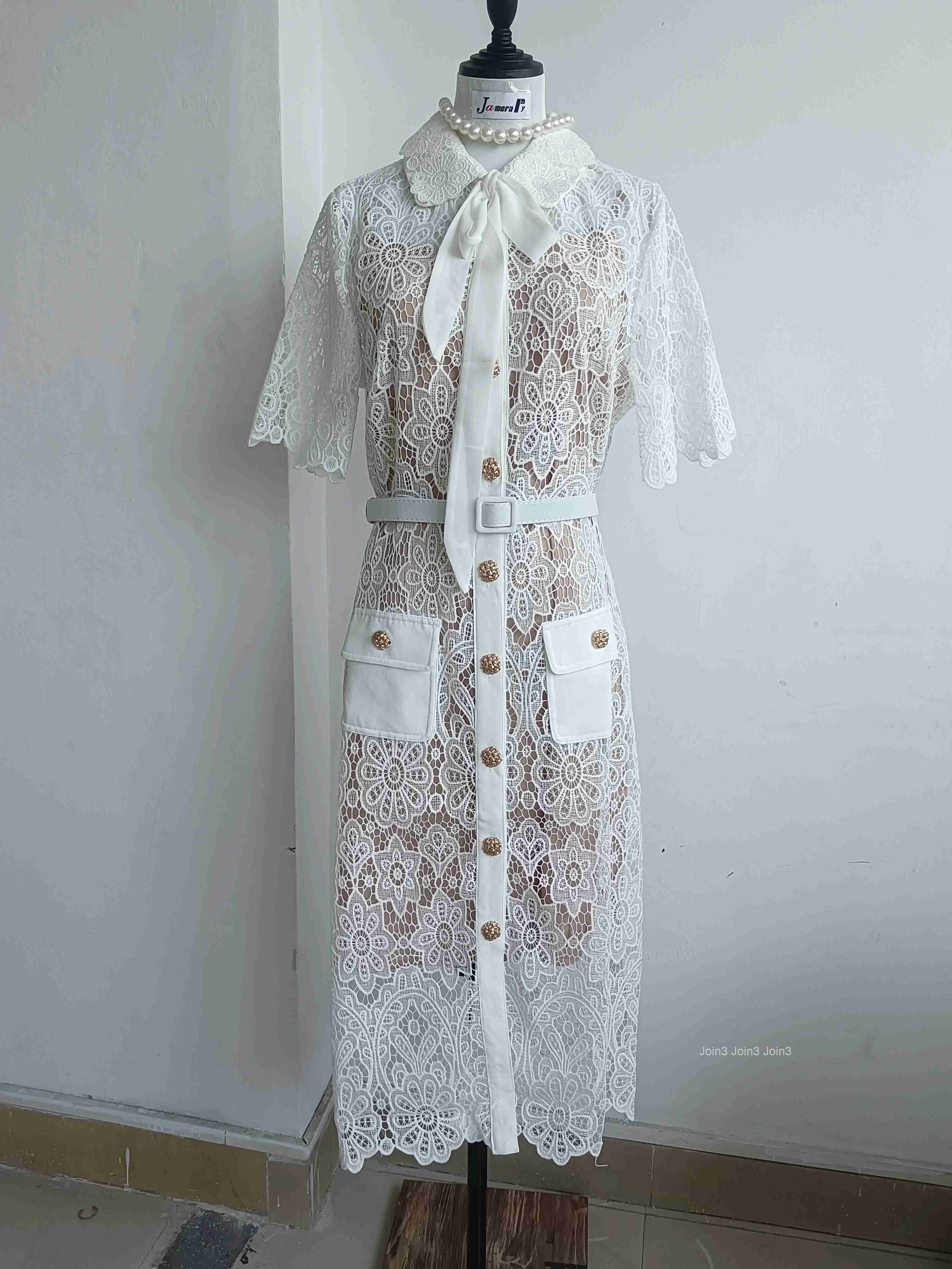 JAMERARY Elegant Designer Holiday White Lace Prom Dress Women Short Sleeve Gold Button Belt Bow Bodycon Evening Party Vestidos