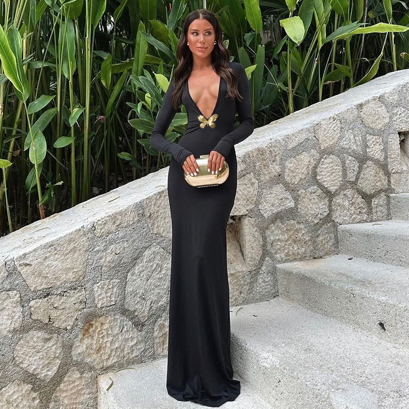 2025 European and American style summer new trend women's S solid color deep V high waist mermaid dress elegant dress wholesale new designer dres