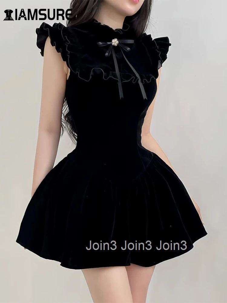 IAMSURE Elegant Fashion Velvet A-Line Dress Slim Solid Ruffles Sleeveless Mini Dresses For Women Autumn Winter Streetwear