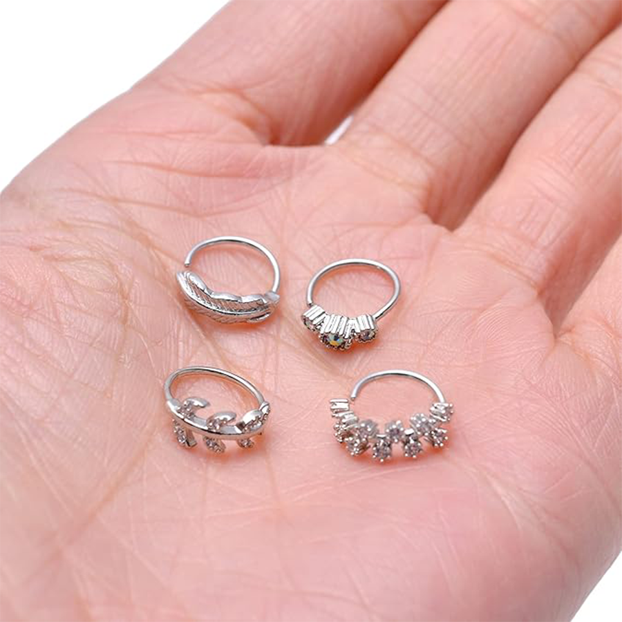 10Pcs Nose Ring Hoop Paved Flower Leaf Feather CZ Cartilage Earrings Nose Piercing Jewelry for Women Men Silver Gold Rose Gold Tone 20G