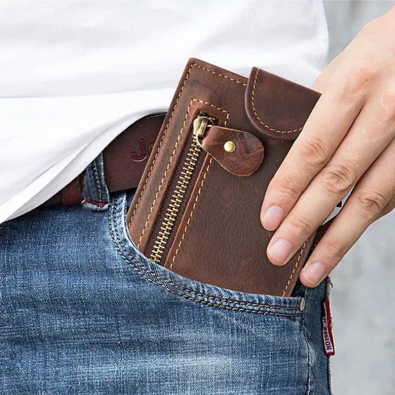 Mens Crazy Horse Leather Short Wallet Genuine Leather Buckle Wallet Vintage Top Layer Cowhide Card Holder Multi-Card Wallet XJ250806